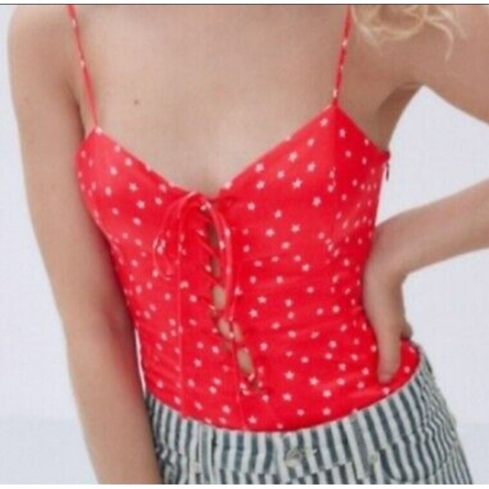 ZARA Women Red White Star Print Lace Up Bodysuit 3067/427/600 Sz S